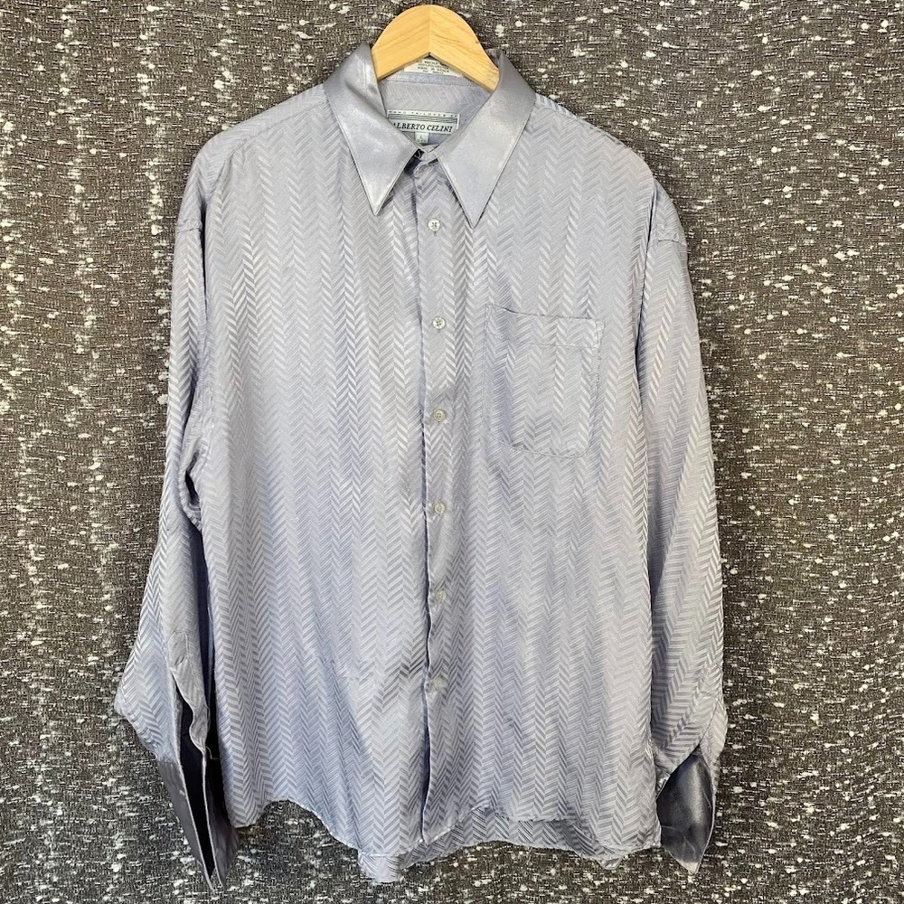 Vintage Alberto Celini Button Up Herringbone Shirt French Cuff  Men's Large‎